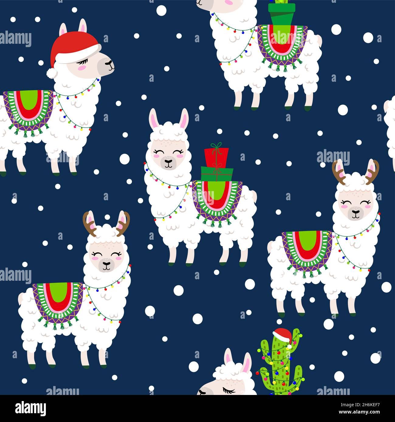 Christmas Llama Pattern Design With Several Alpacas Funny Hand