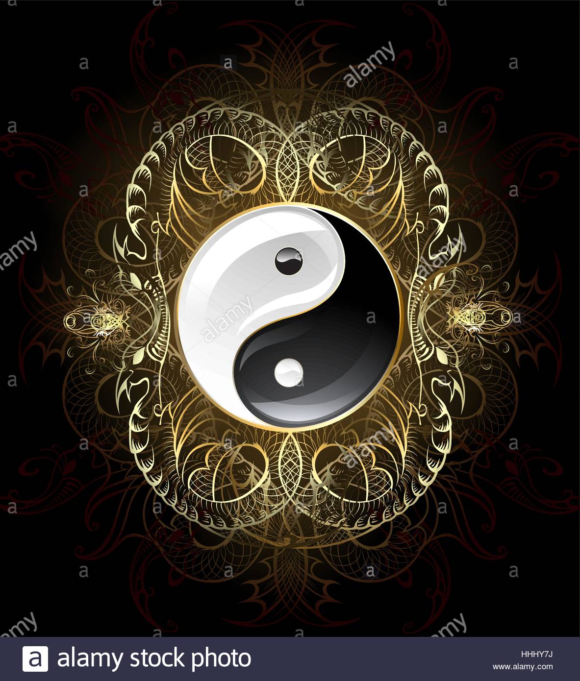 Yin Yang Symbol On A Dark Background Decorated With Gold