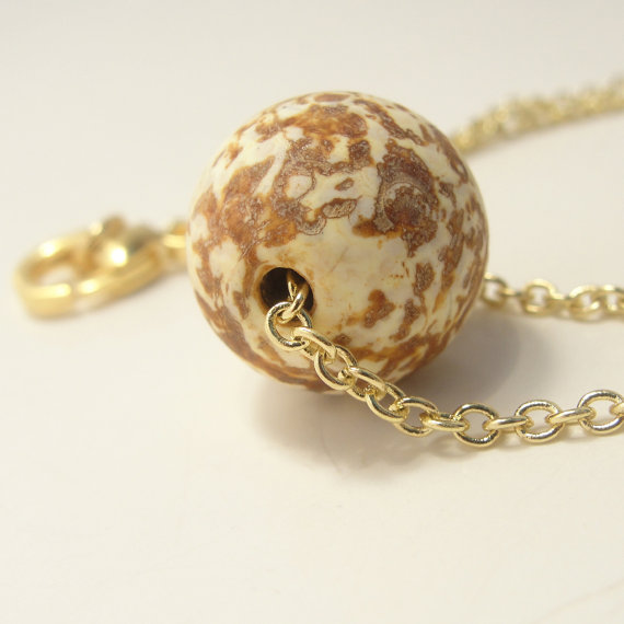 Wood Agate Bead Necklace With A Round Petrified On Chain
