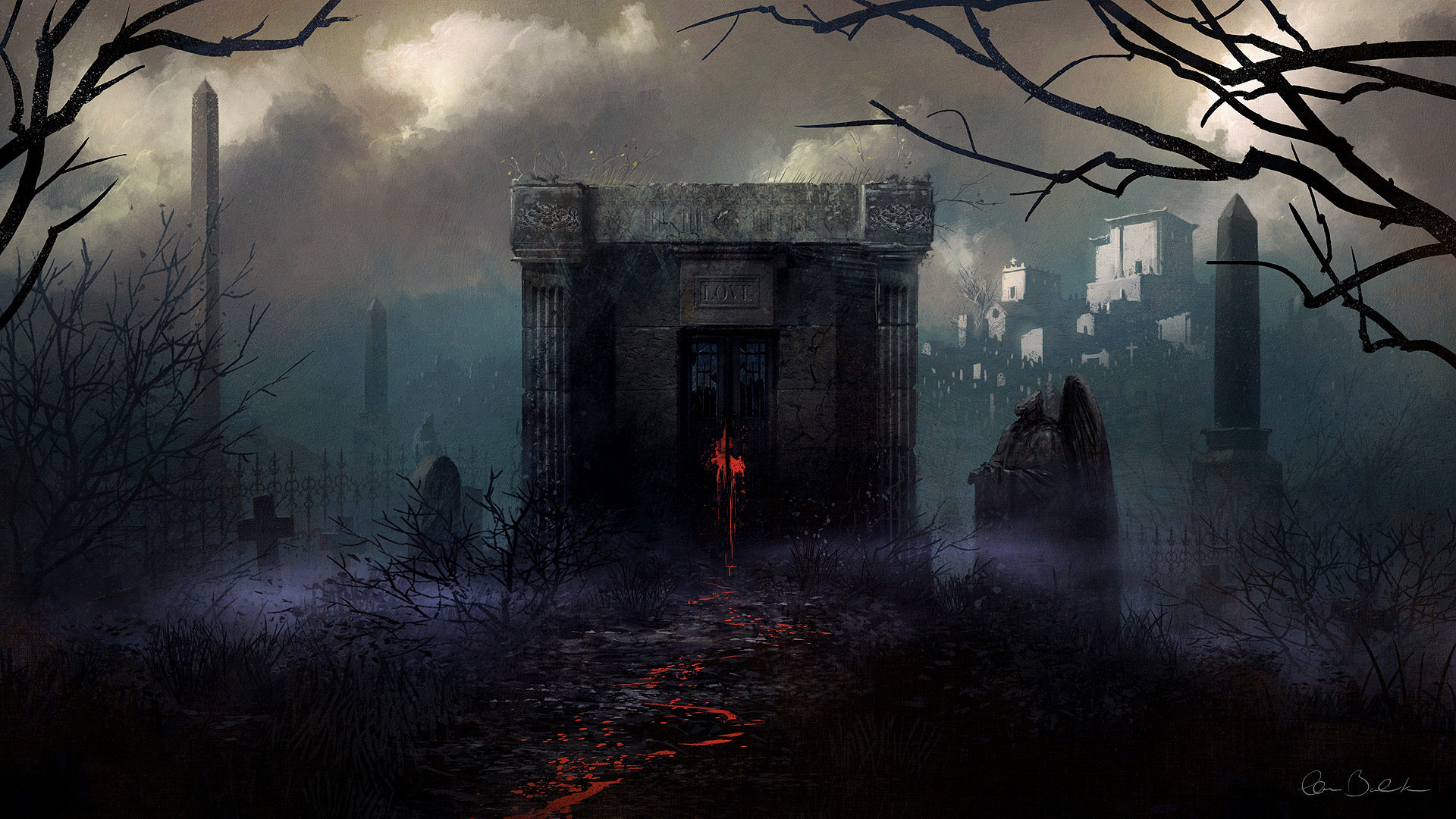 Graveyard on a Foggy Night HD Wallpaper Background Image 1920x1080