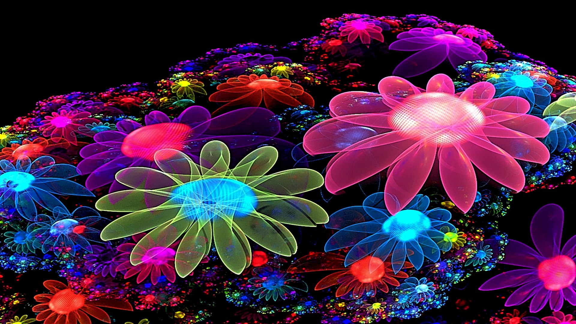 Vivid neon flowers on a black background, creating a vibrant and cool desktop wallpaper