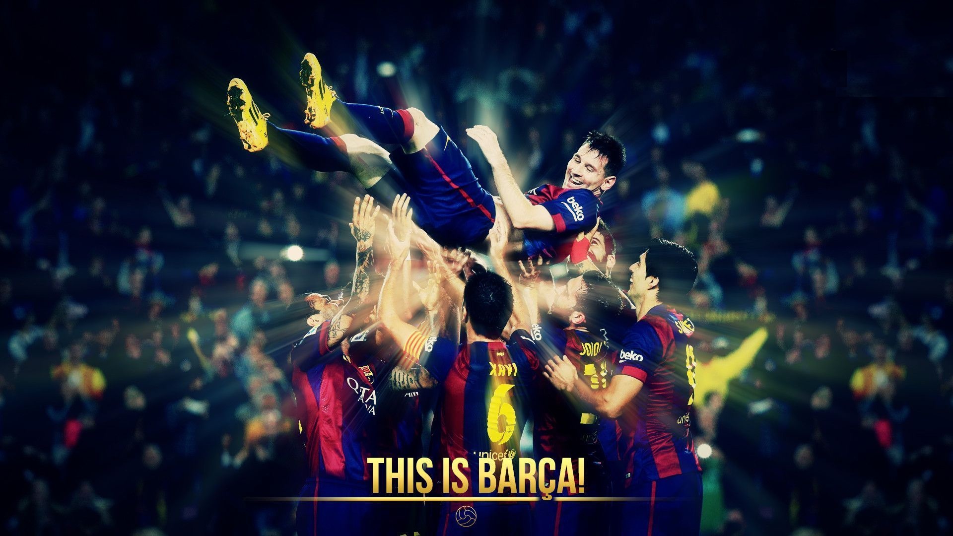 Lionel Messi, FC Barcelona's star player, is hoisted in the air by his teammates after a victory, surrounded by the vibrant lights of Camp Nou.  This image perfectly showcases the team spirit and jubilation of Barça