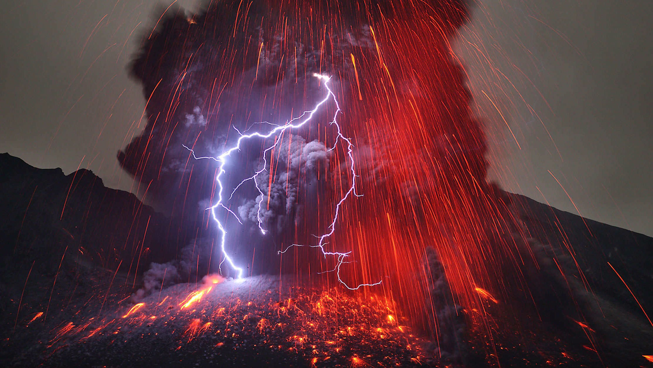 Lava Nature Landscape Mountains Fire Lightning Wallpaper Background