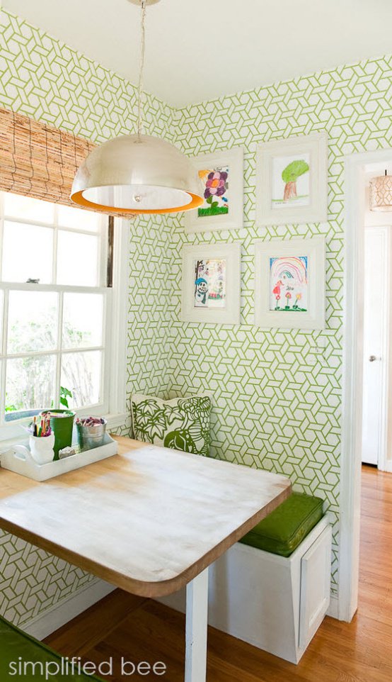 Breakfast Nook With Green White Trellis Wallpaper Design By