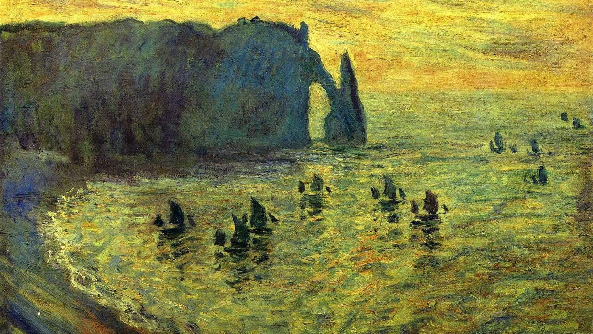 Cliffs Sailboats Claude Mo Cove Impressionism Wallpaper