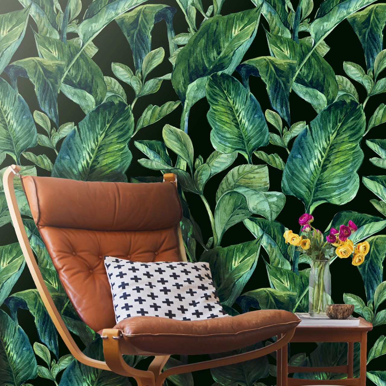 Tropical Leaves Removable Wallpaper Black Background Self