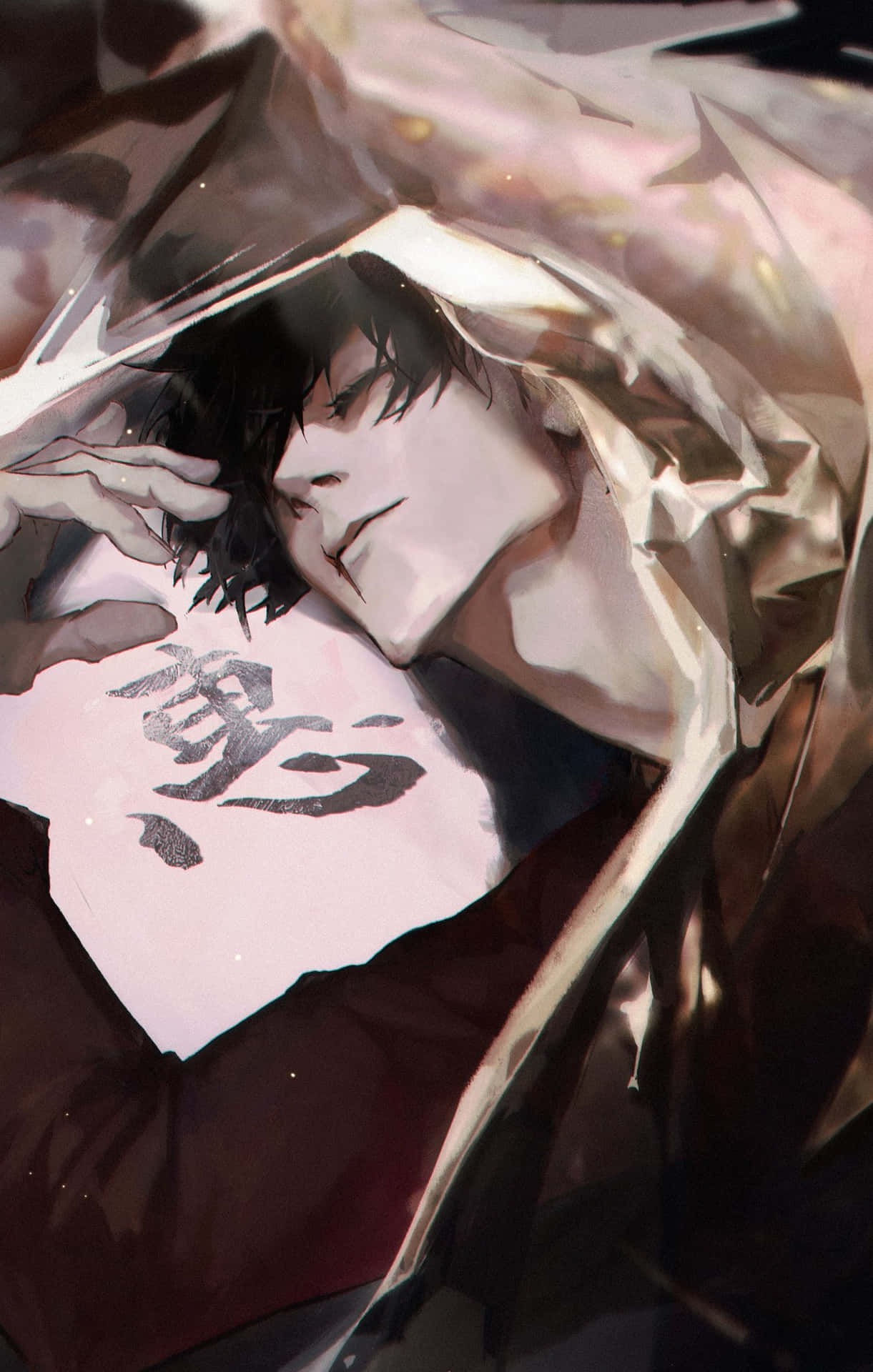 Artistic rendering of Toji Fushiguro, a popular character from Jujutsu Kaisen, in a contemplative pose with a hooded cloak and dark hair.  A faded symbol adds an air of mystery