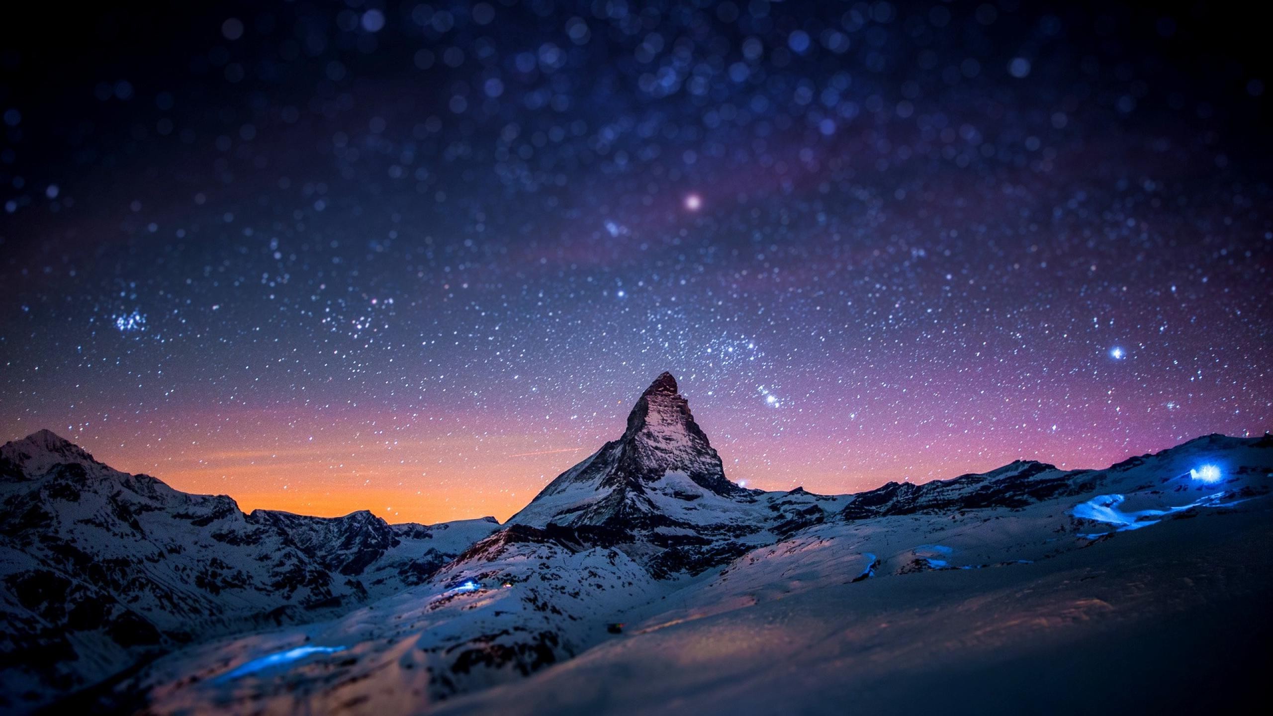 Stars Night Space Winter Snow Lights Matterhorn Tilt Shift