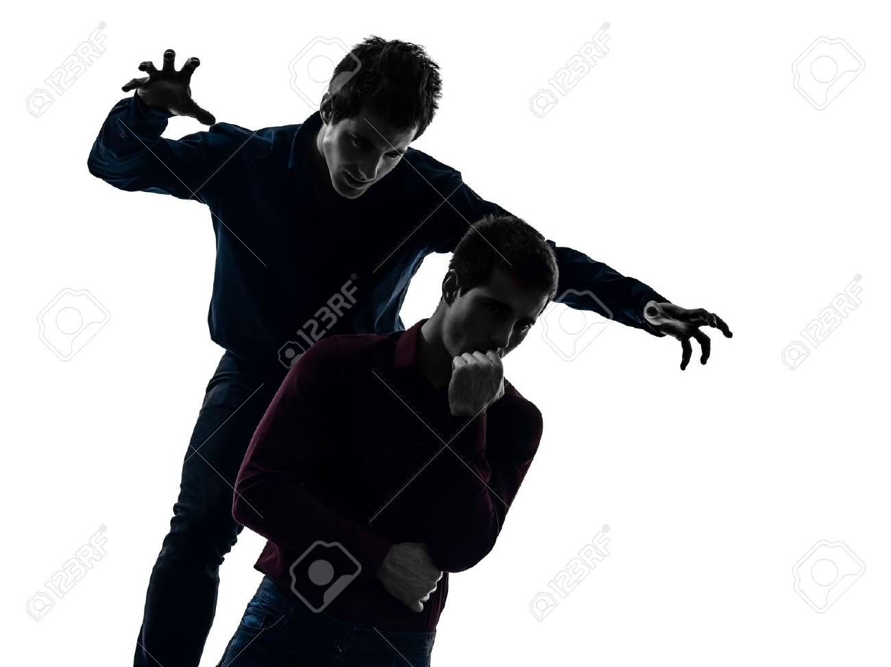 Two Caucasian Young Men Domination Concept Shadow White Background