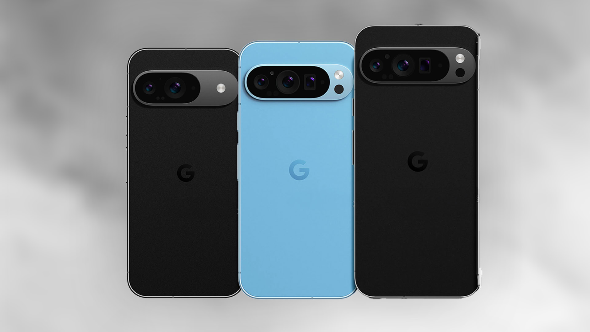 Three Google Pixel 9 smartphones showcasing different color options, including black and light blue, with a focus on the rear camera module