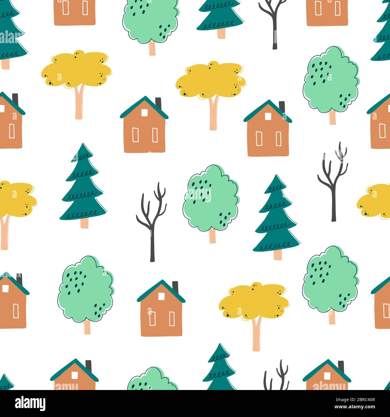 Seamless Pattern Of Childish Cartoon Town City With Tree And