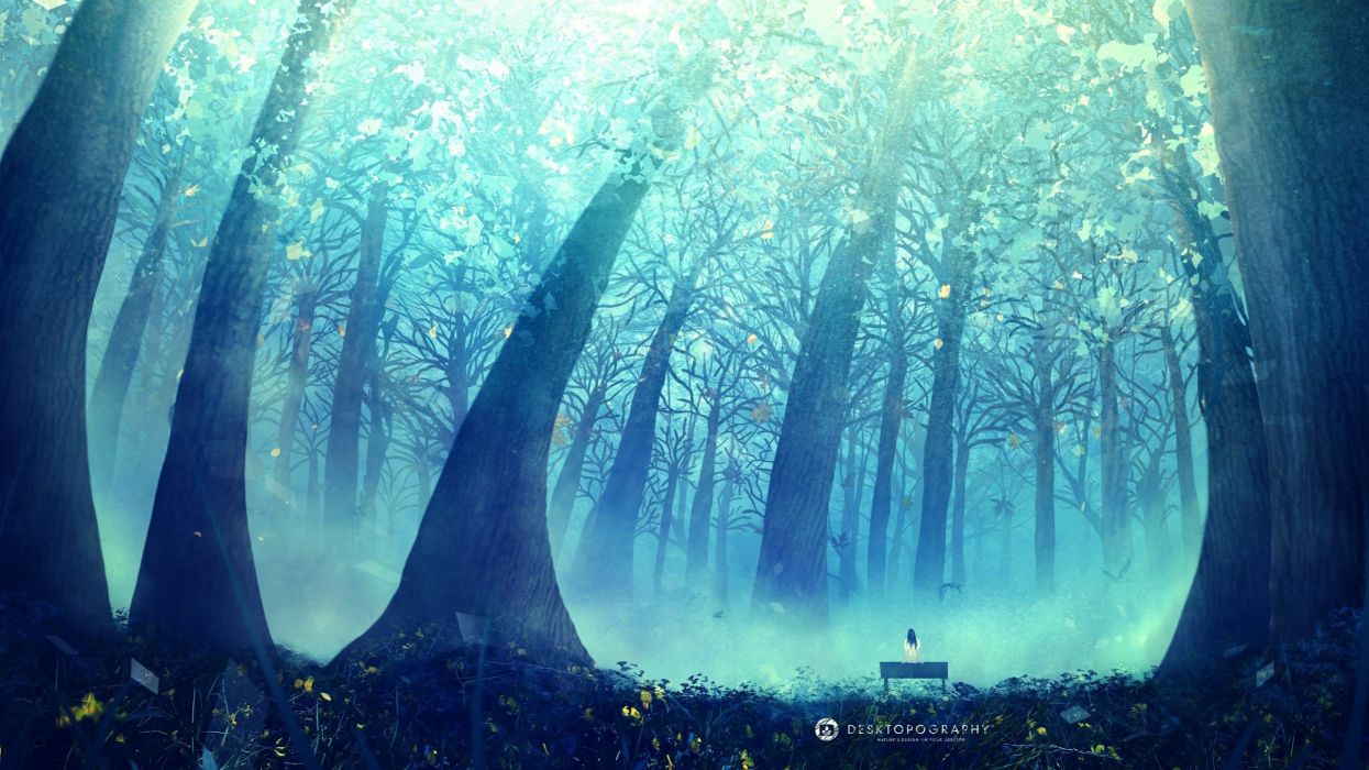 Anime Tree Forest Beauty Landscape Blue Alone Girl