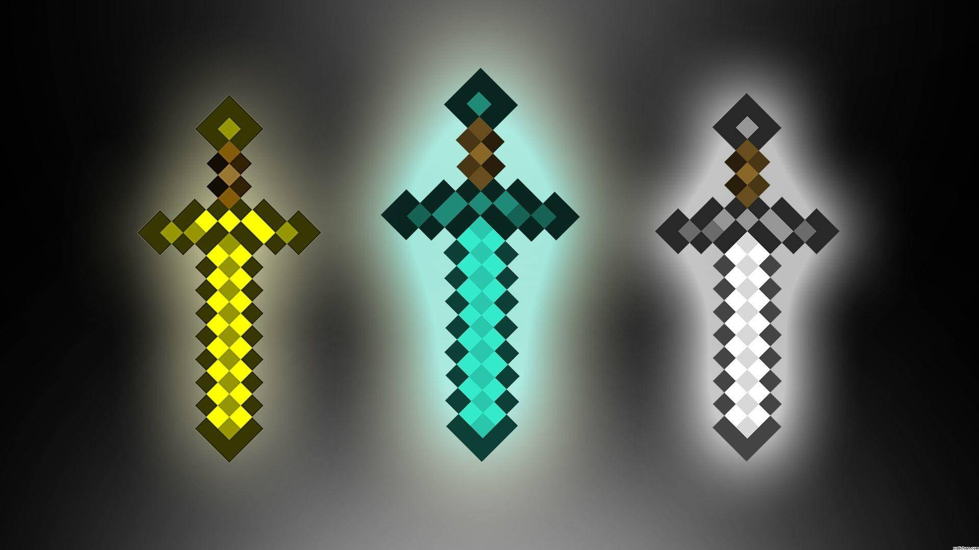 Three pixelated swords from Minecraft, in gold, diamond, and iron, against a dark background