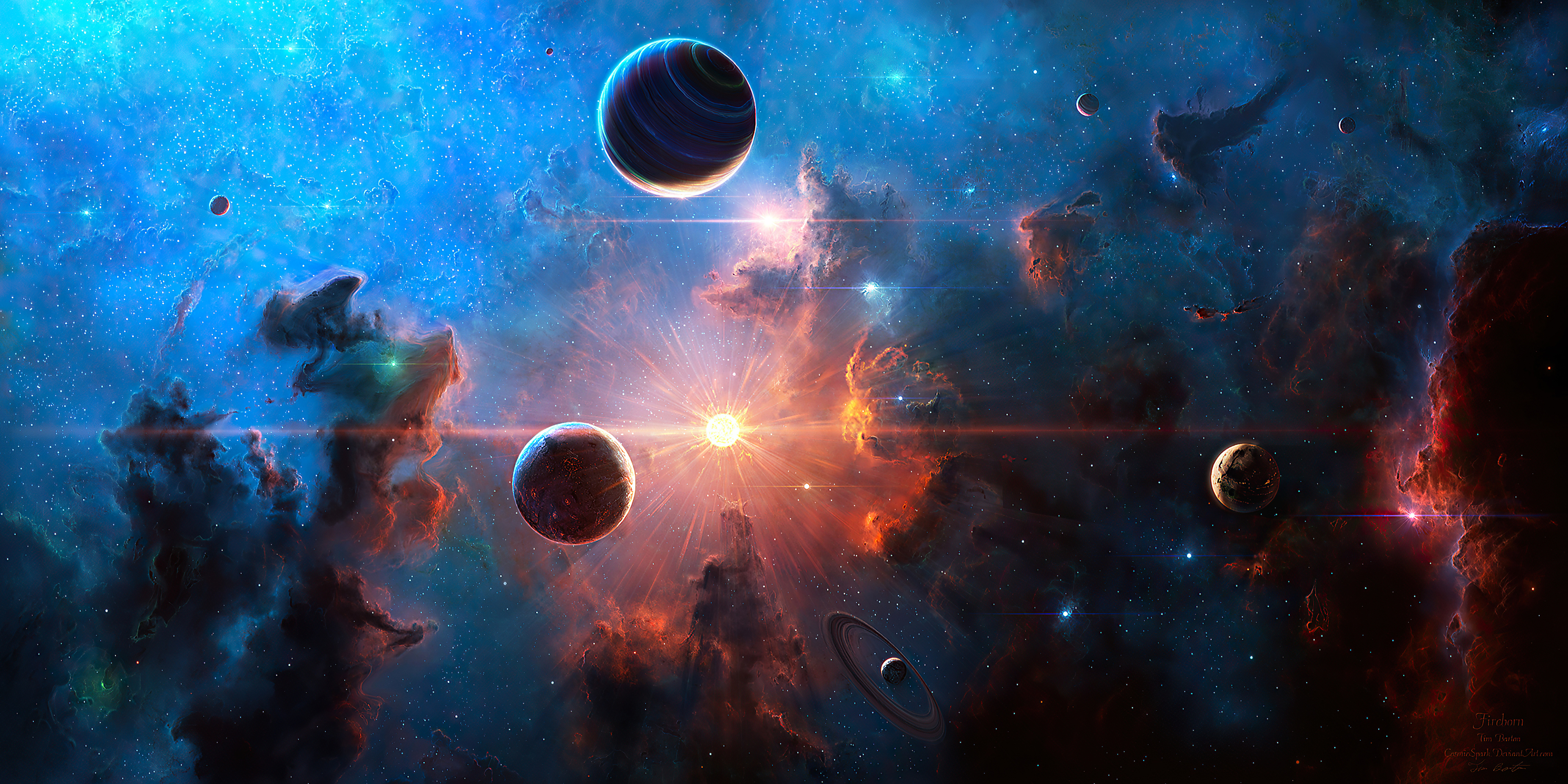 A breathtaking panoramic view of a vibrant nebula, teeming with colorful gas clouds, stars, and several planets of varying sizes and features, including a ringed planet