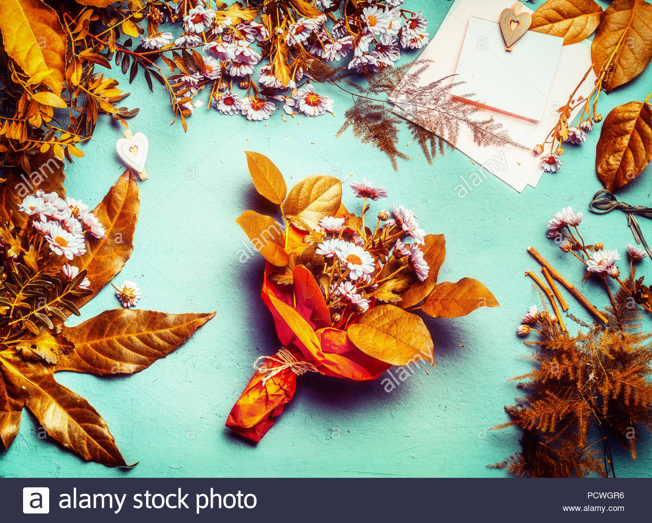 Autumn Flowers Bouquet With Yellow Leaves And Pink On