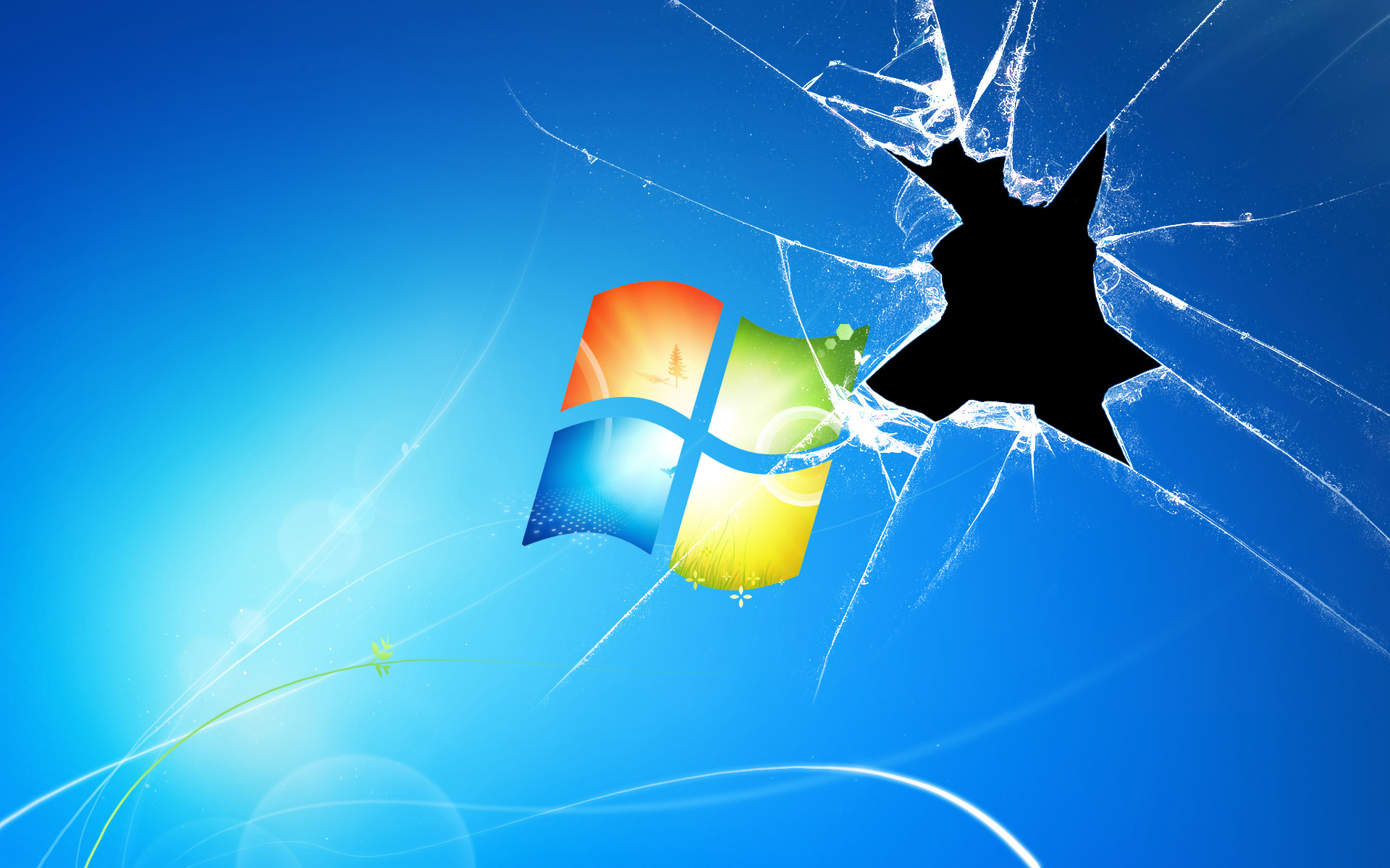Broken screen over a Windows logo wallpaper