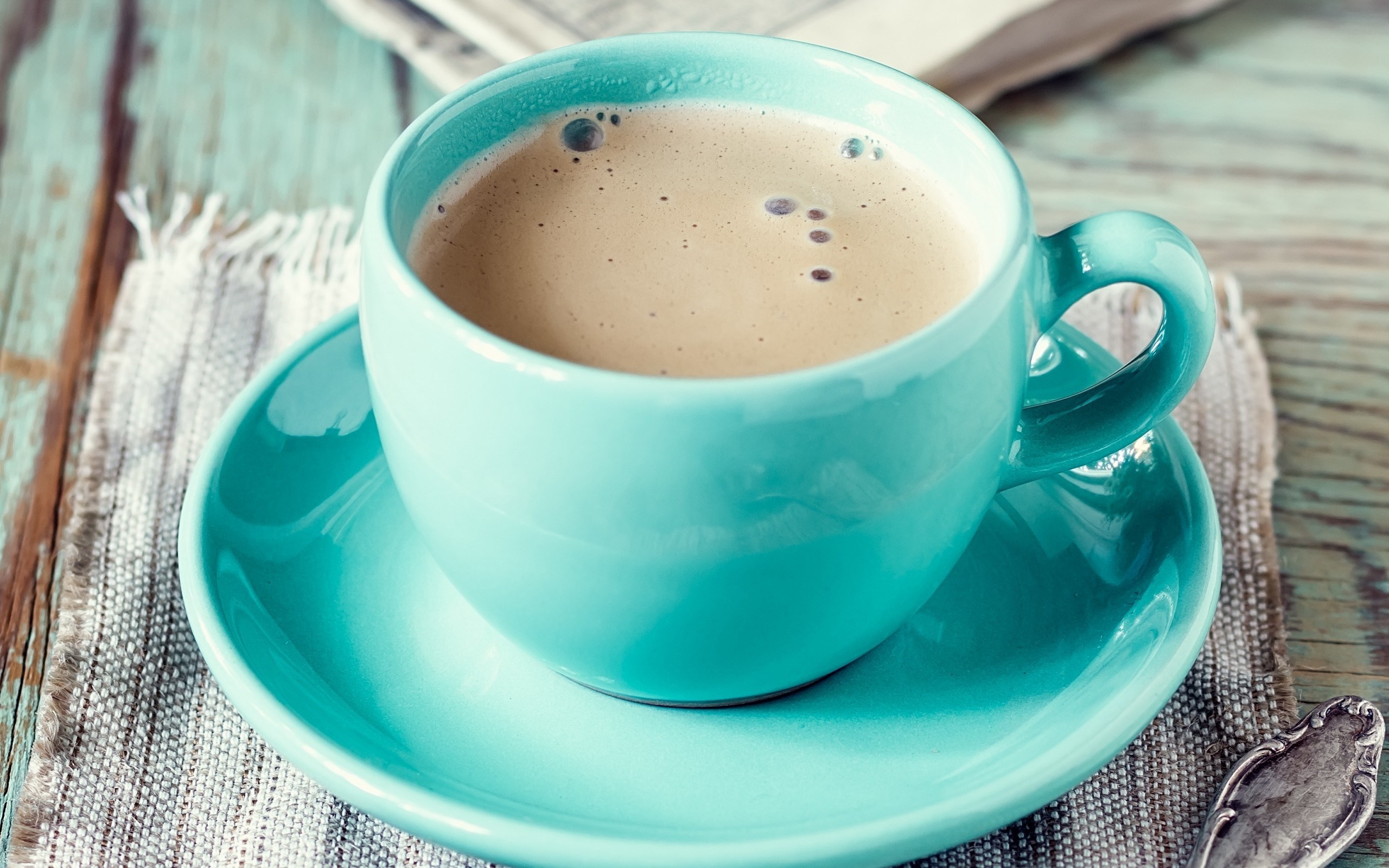 Blue Cup With Saucer Of Cappuccino On Rustic Wooden Table HD