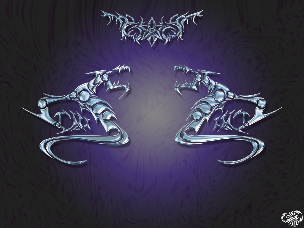 Stylized silver tribal dragon design on a purple background