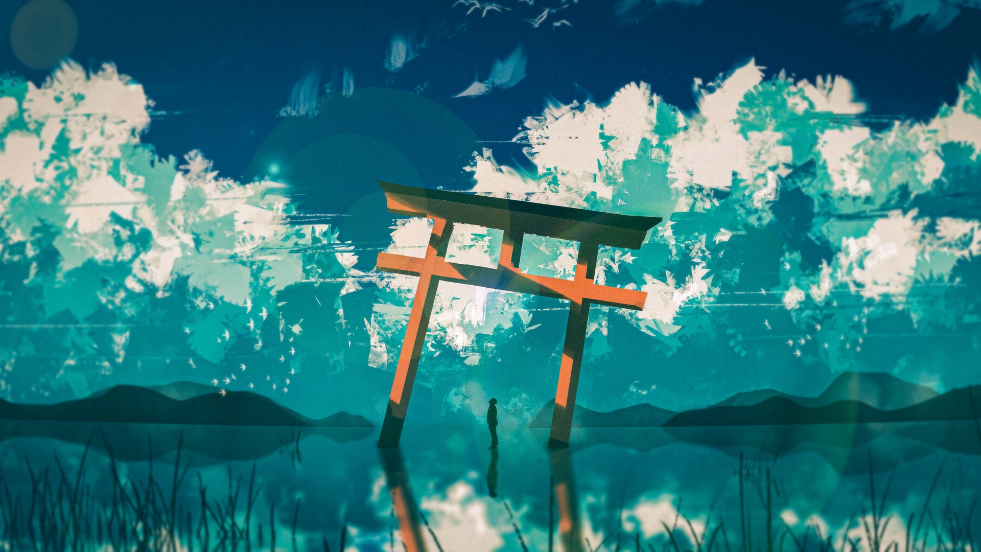 Wallpaper Silhouette Arch Clouds Water Reflection