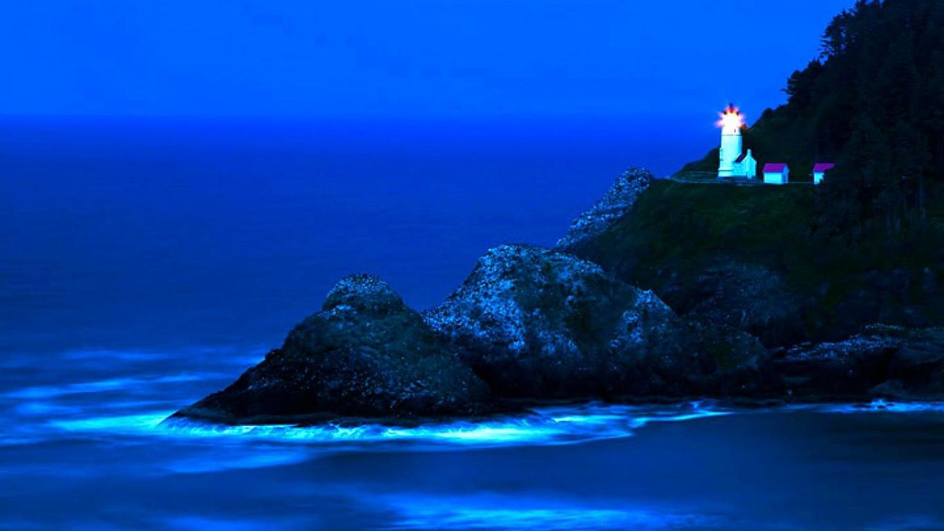Lit Lighthouse At Night Seashore Rocks Car Pictures
