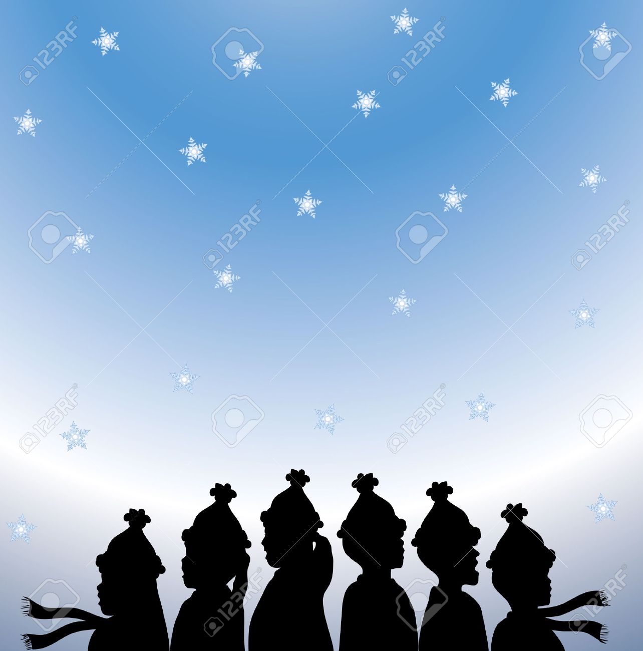 Silhouette Of Christmas Carolers On Snowy Gradient Background