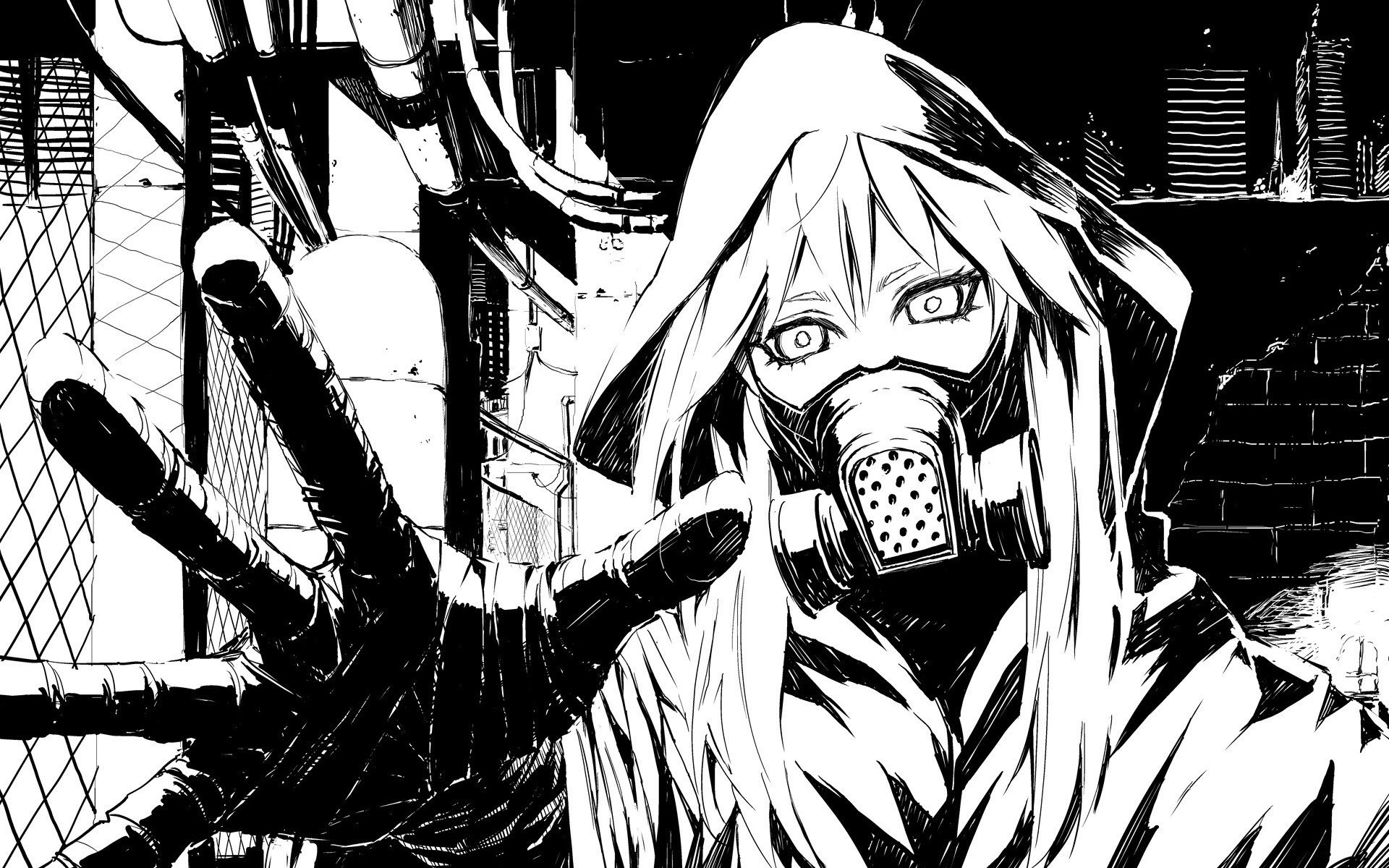 Black and white Vocaloid gas masks drawings anime