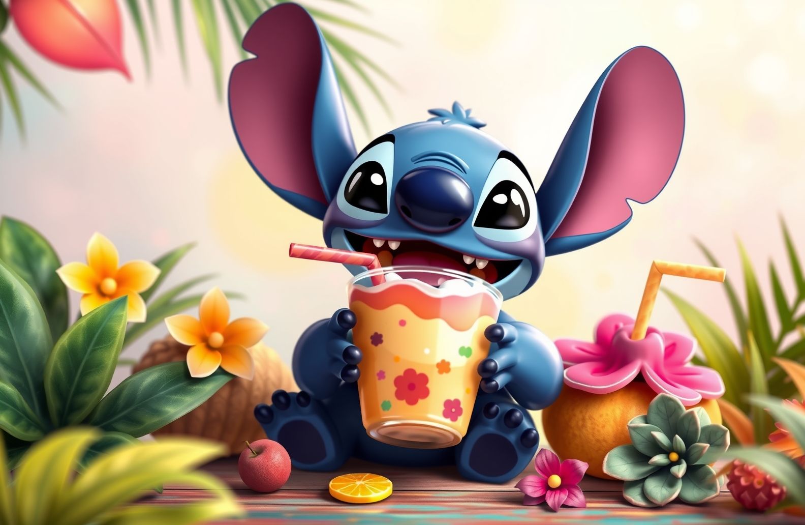 Stitch Drinking Boba Wallpaper