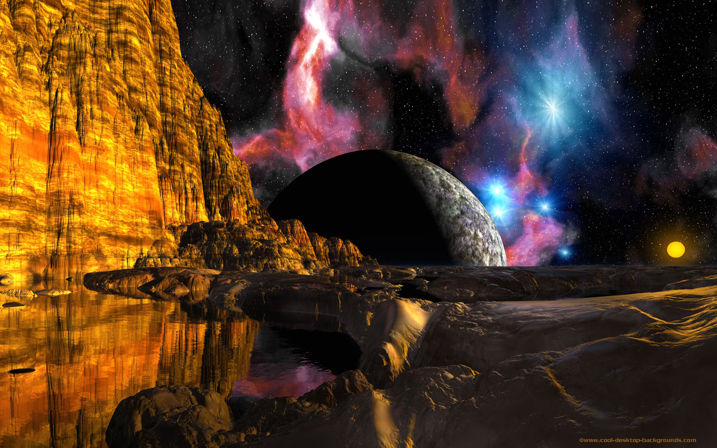 Background Image Of A Moon Rise Beyond Steep Cliffs On An Alien World