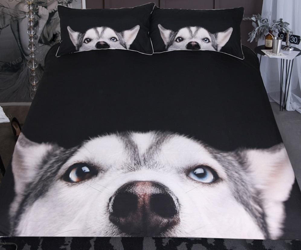 Peeping Husky Black Background Pq Bedding Set