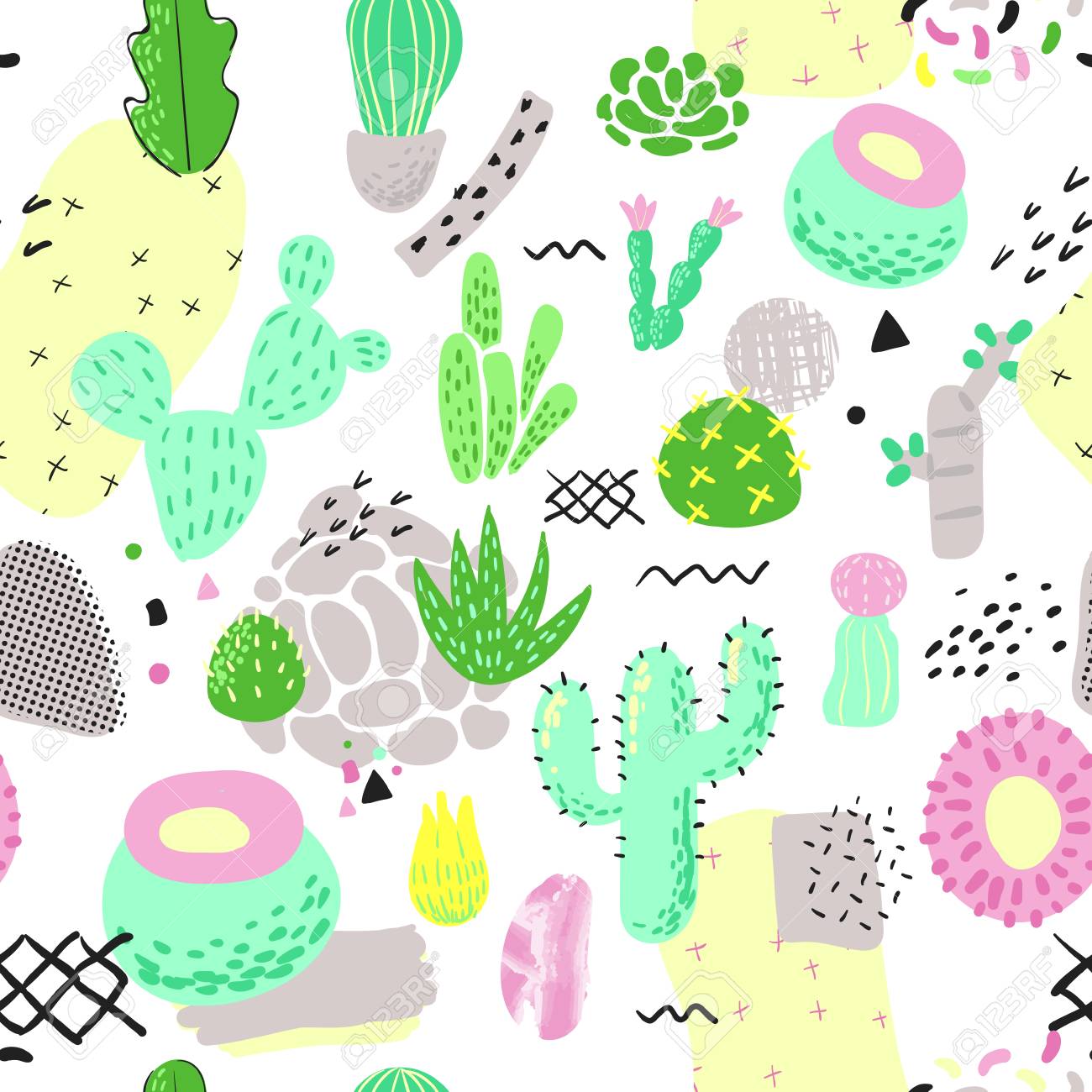 Floral Seamless Pattern With Cactuses Succulents Childish Style