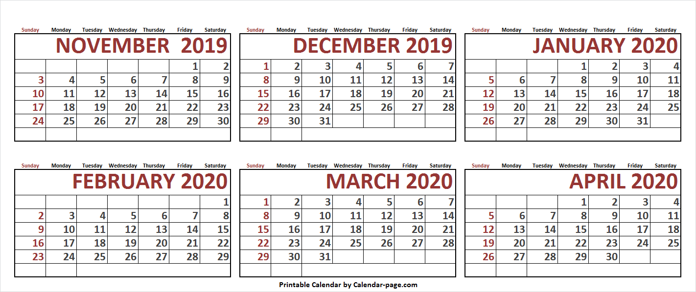 6 Month November 2019 To April 2020 Calendar Template Blank Images