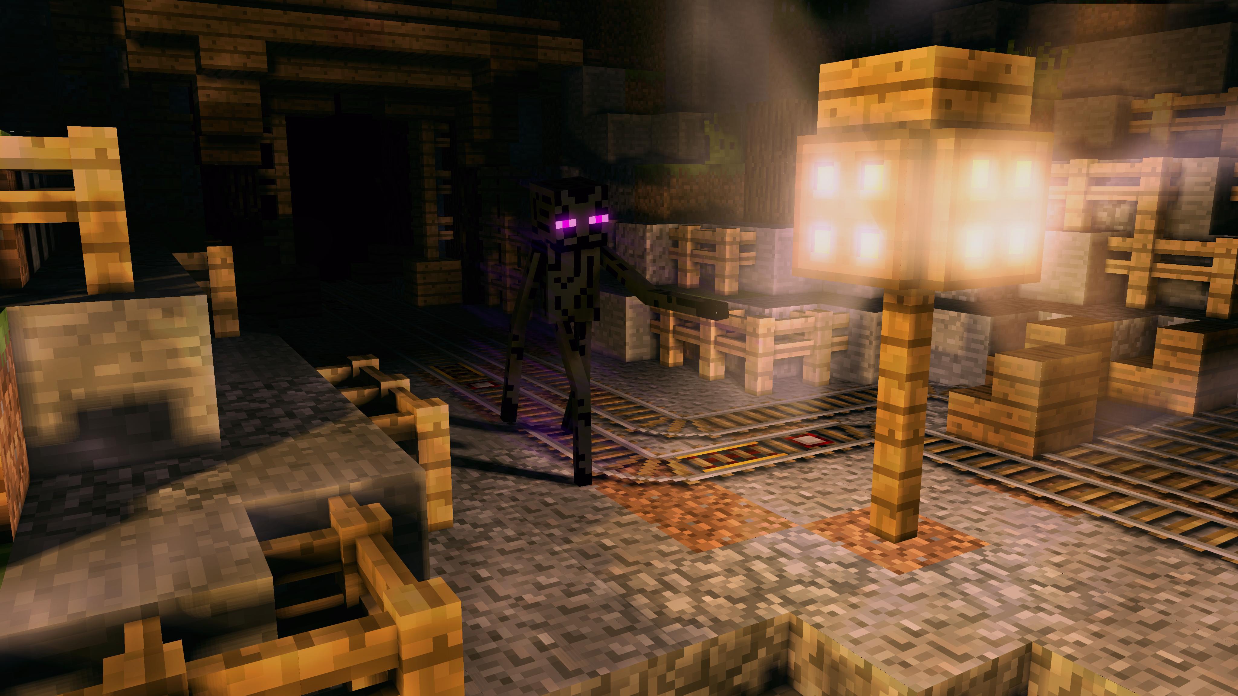 A menacing Enderman lurking in a dimly lit Minecraft mineshaft, near a glowing lamp post and wooden crates, with railway tracks leading into the darkness