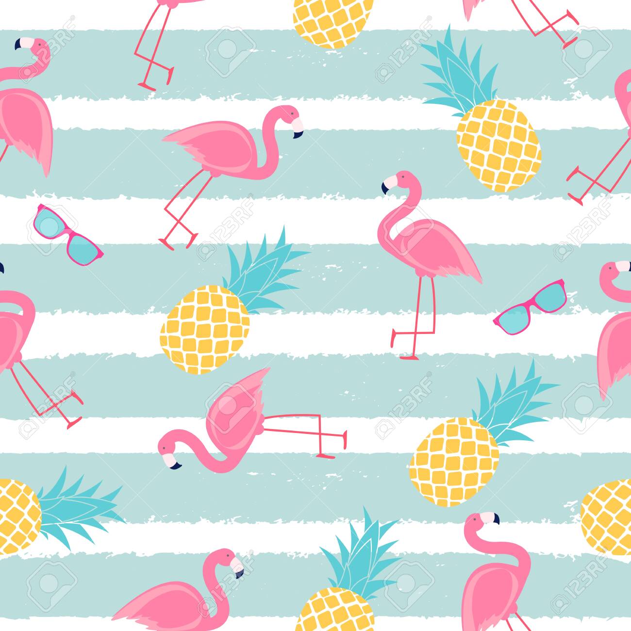 Tropic Fruit Pineapple And Pink Flamingo Seamless Pattern