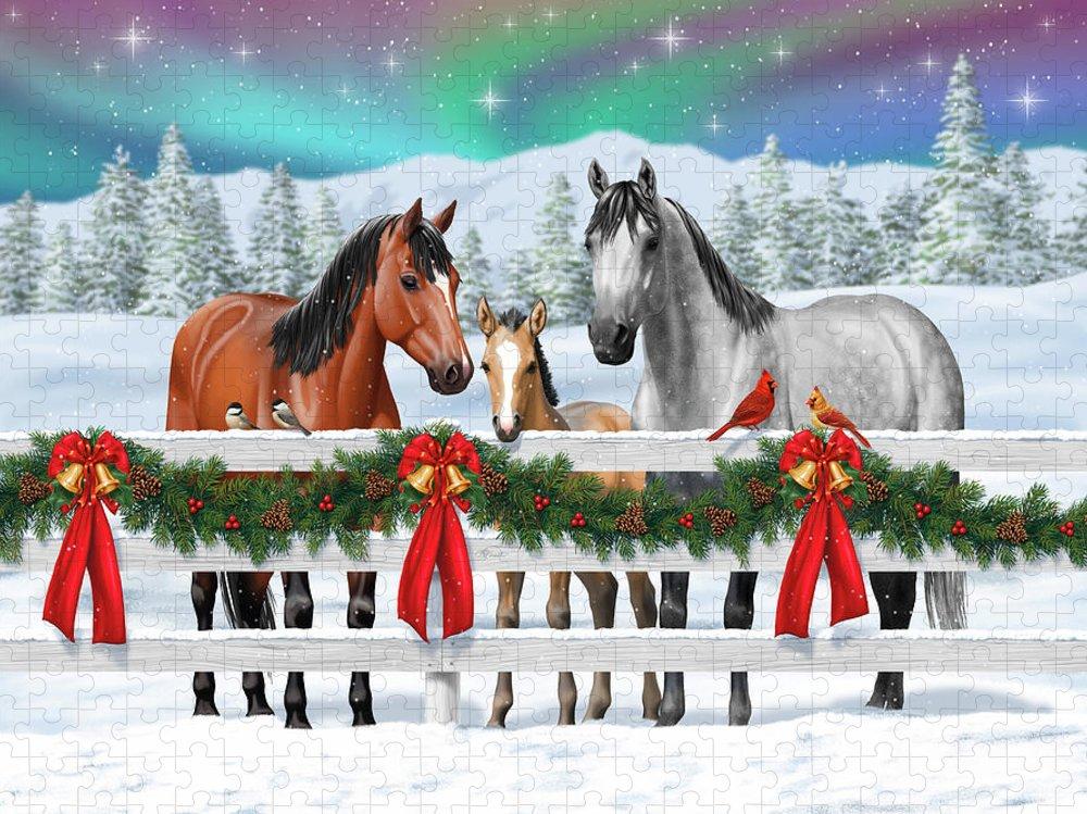 Christmas Scene Bay Buckskin Dapple Gray Horses In Snow Jigsaw