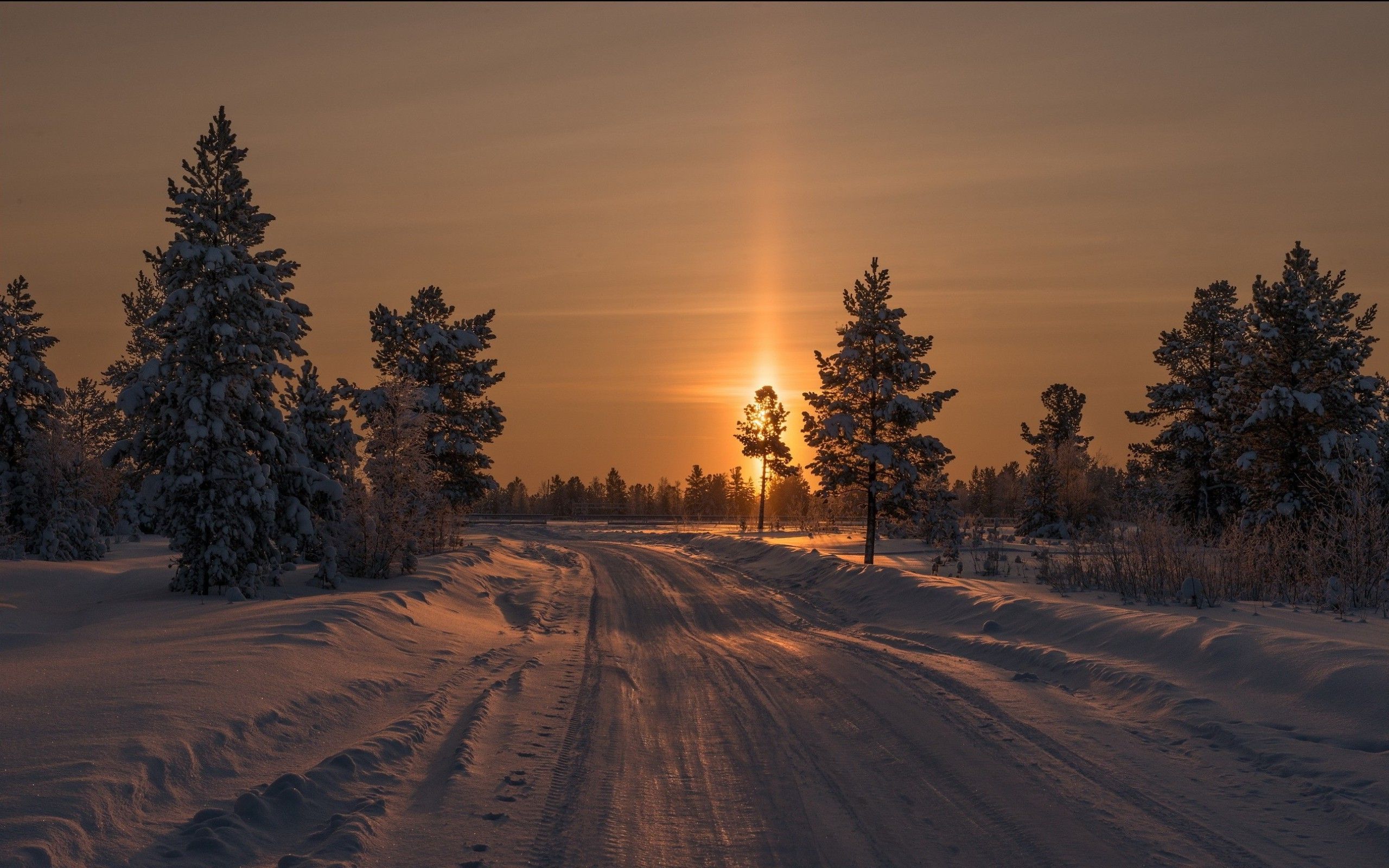 Sunset On The Snowy Road Wallpaper