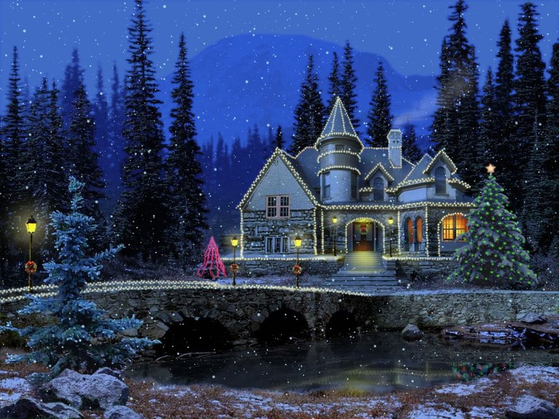 3d Christmas Cottage Wallpaper