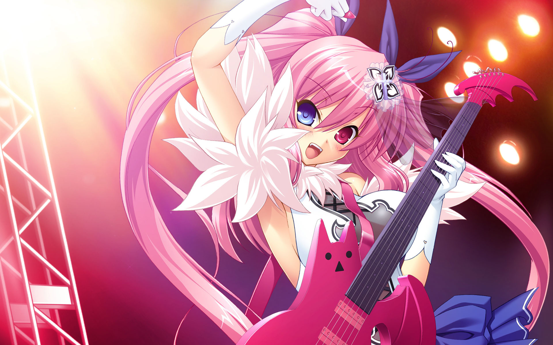 A cute anime girl with pink hair and heterochromia eyes playing a pink guitar on stage