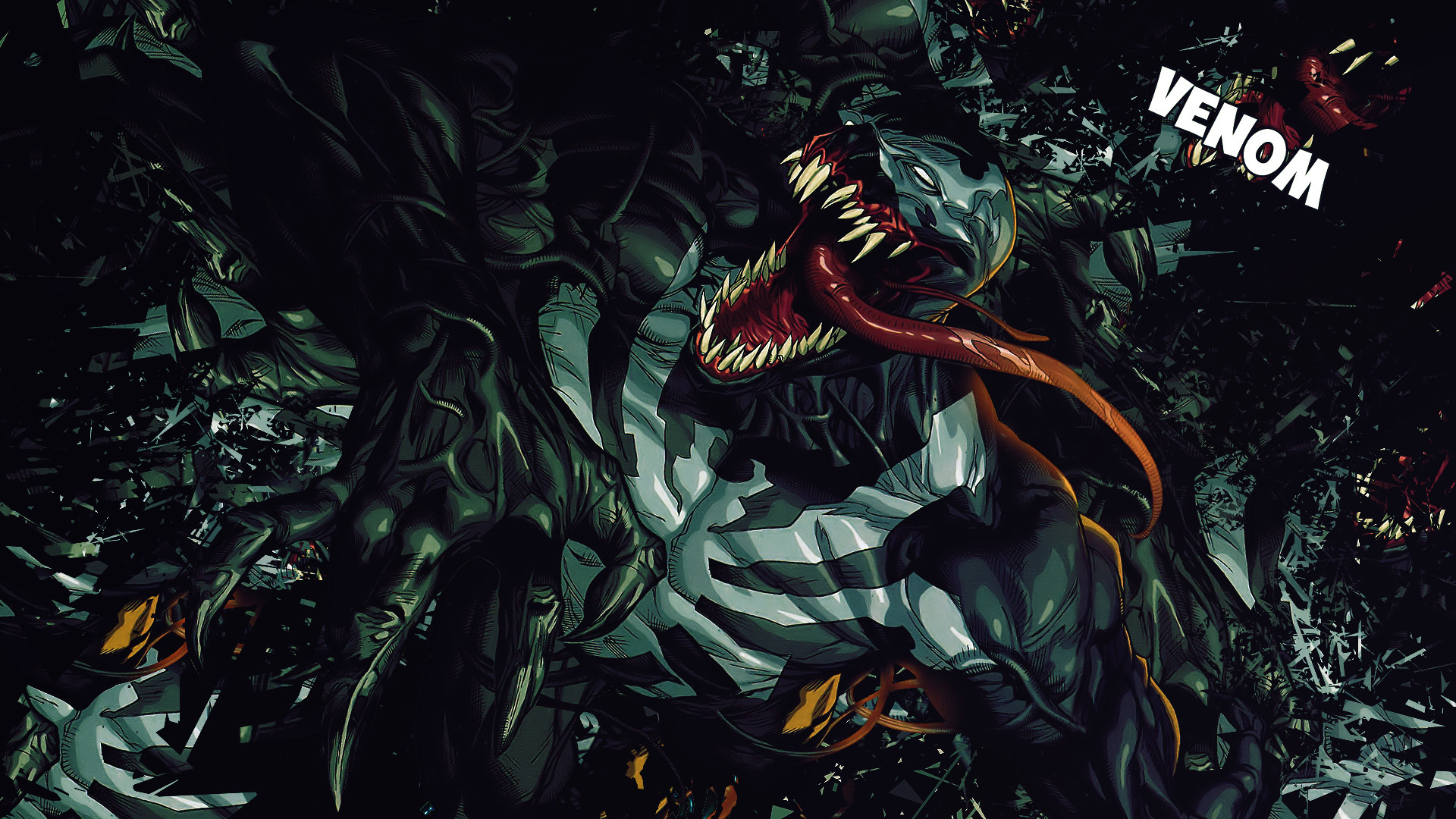 A menacing close-up of Venom, teeth bared and tongue extended, against a backdrop of shattered glass and dark shadows
