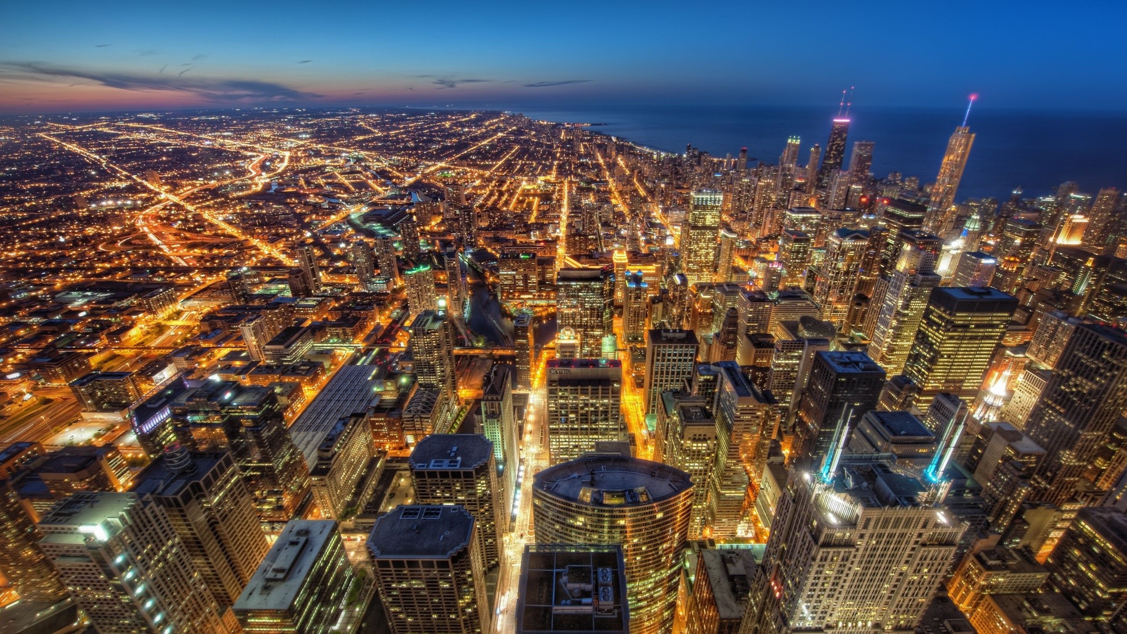 Chicago Usa Skyscrapers Night City Lights HDr Wallpaper