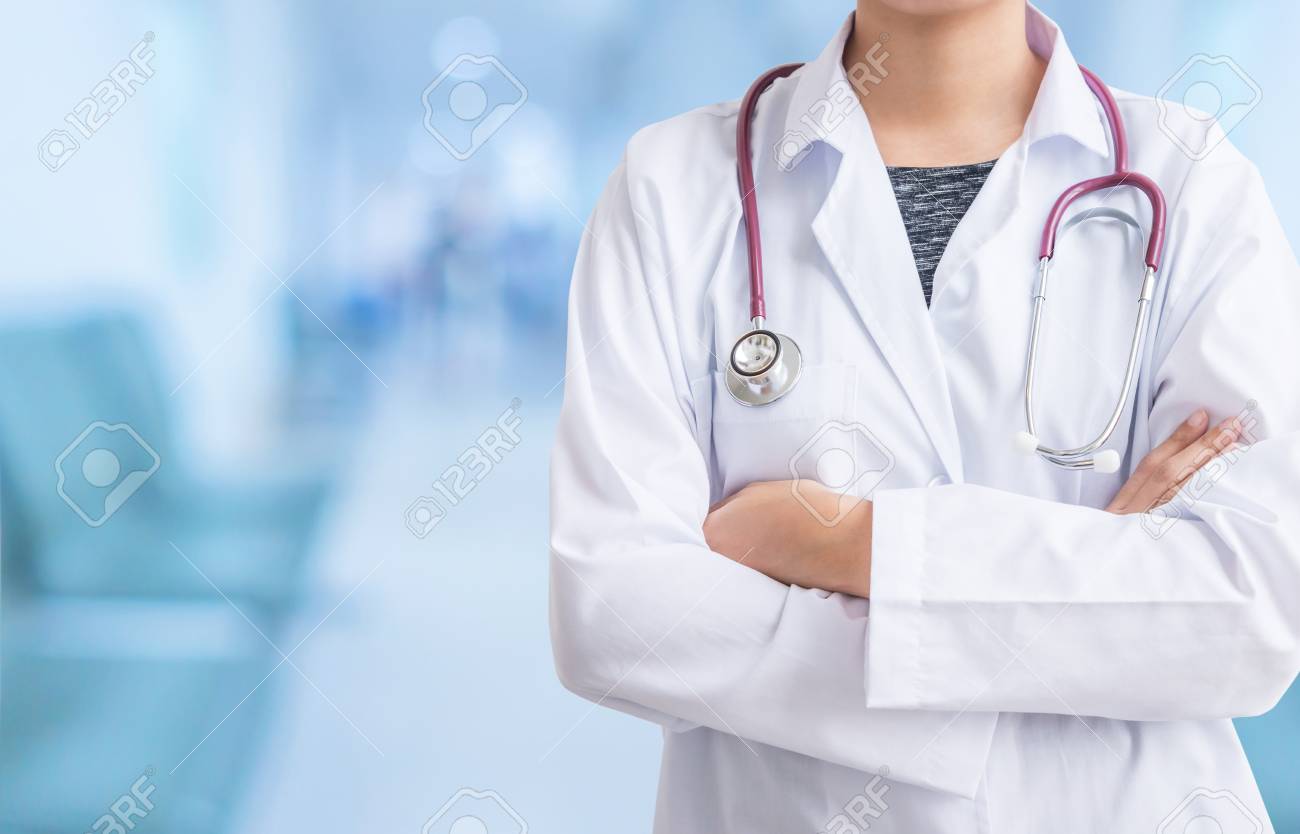 Medical Physician Doctor Woman Over Blue Clinic Background