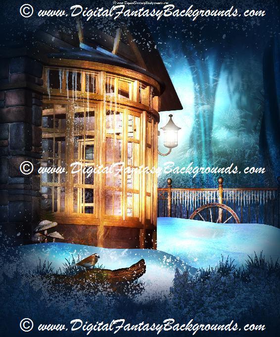 Cozy Winter Cottage Get A Way   Digital Fantasy Backgrounds 566x680
