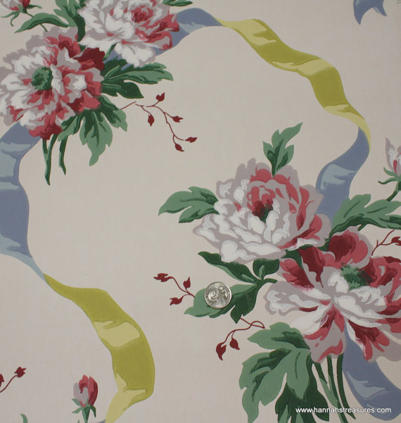 S Vintage Wallpaper Large Cabbage Roses By Hannahstreasures