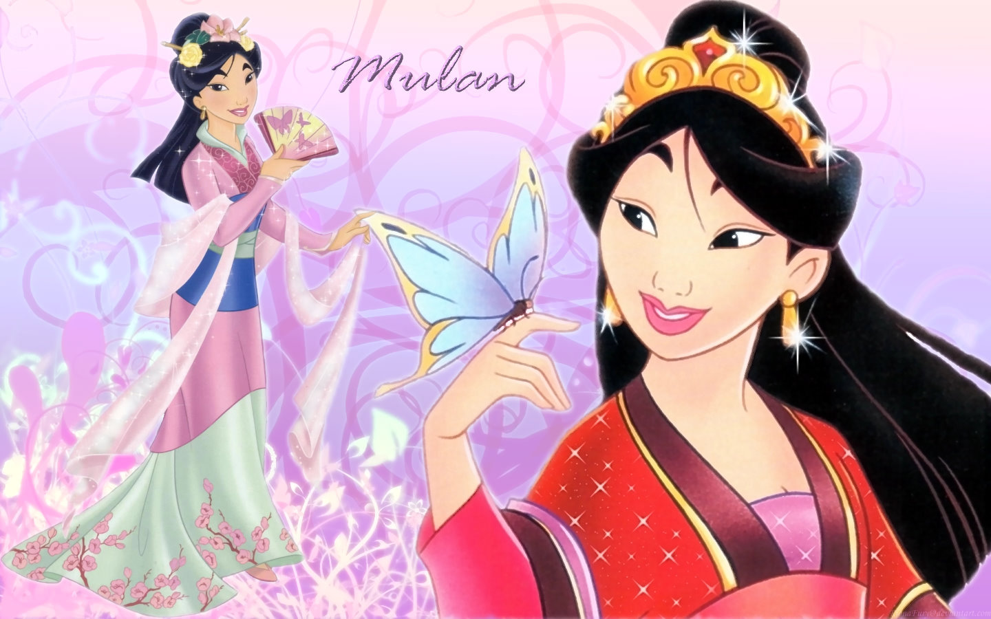 Mulan in Two Traditional Chinese Outfits with Butterfly
