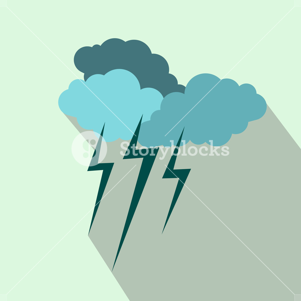 Cloud With Lightnings Icon In Flat Style On A Light Blue