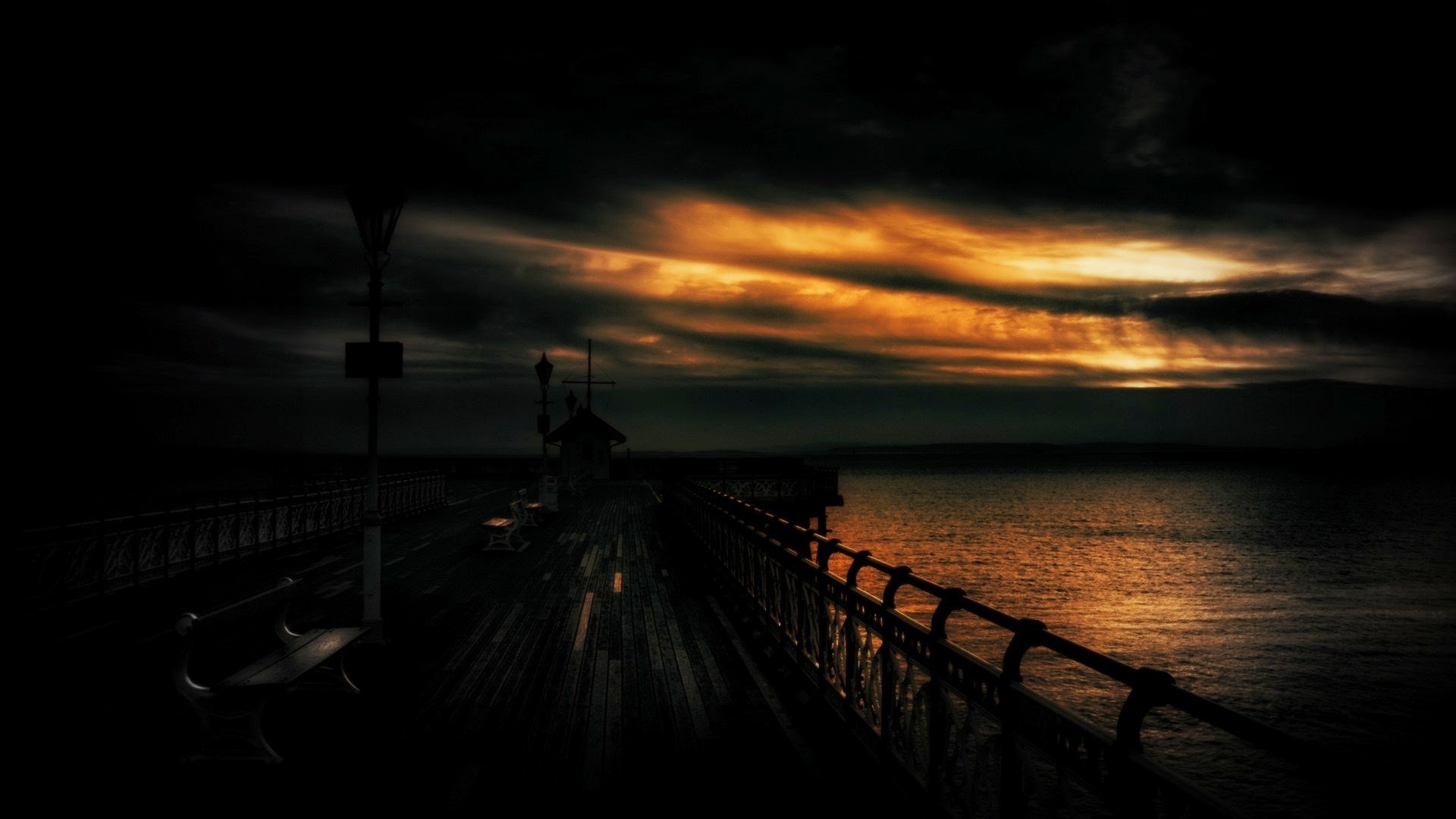 Dark sunset ocean sea pier sky wallpaper 1920x1080