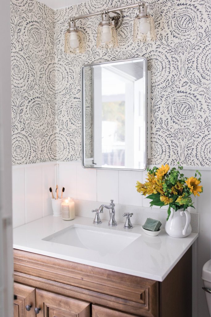 Farmhouse Bathroom Shiplap Wallpaper Wood Vanity And