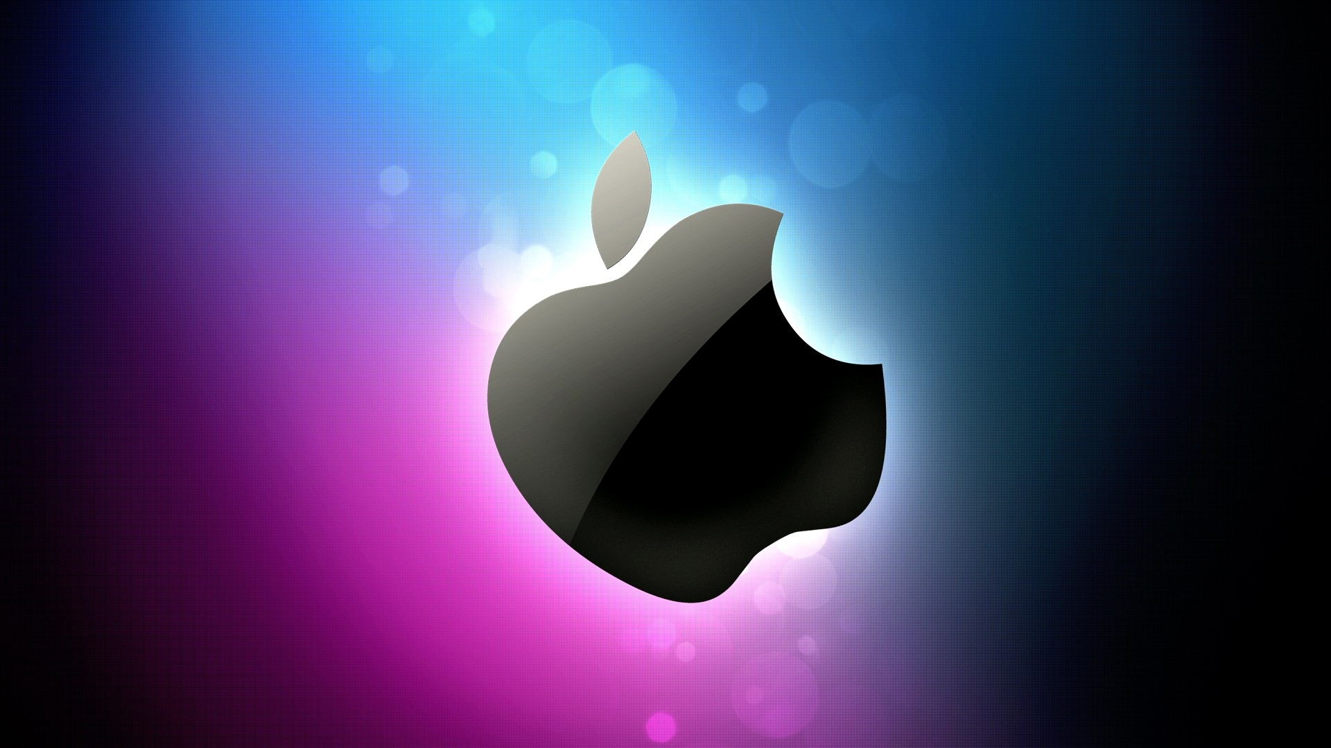 A stylized Apple logo on a vibrant, blurred background, blending shades of blue, pink, and purple