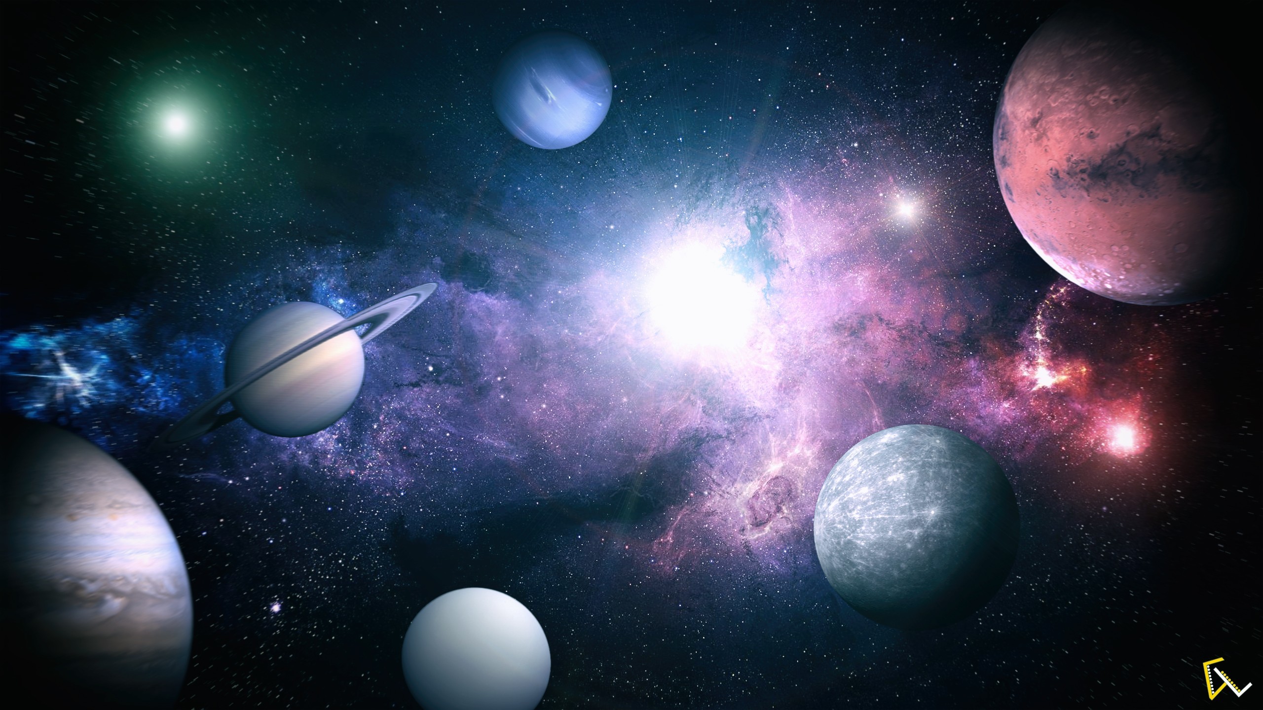 A stunning wallpaper featuring a vibrant nebula and various planets, perfect for astronomy enthusiasts
