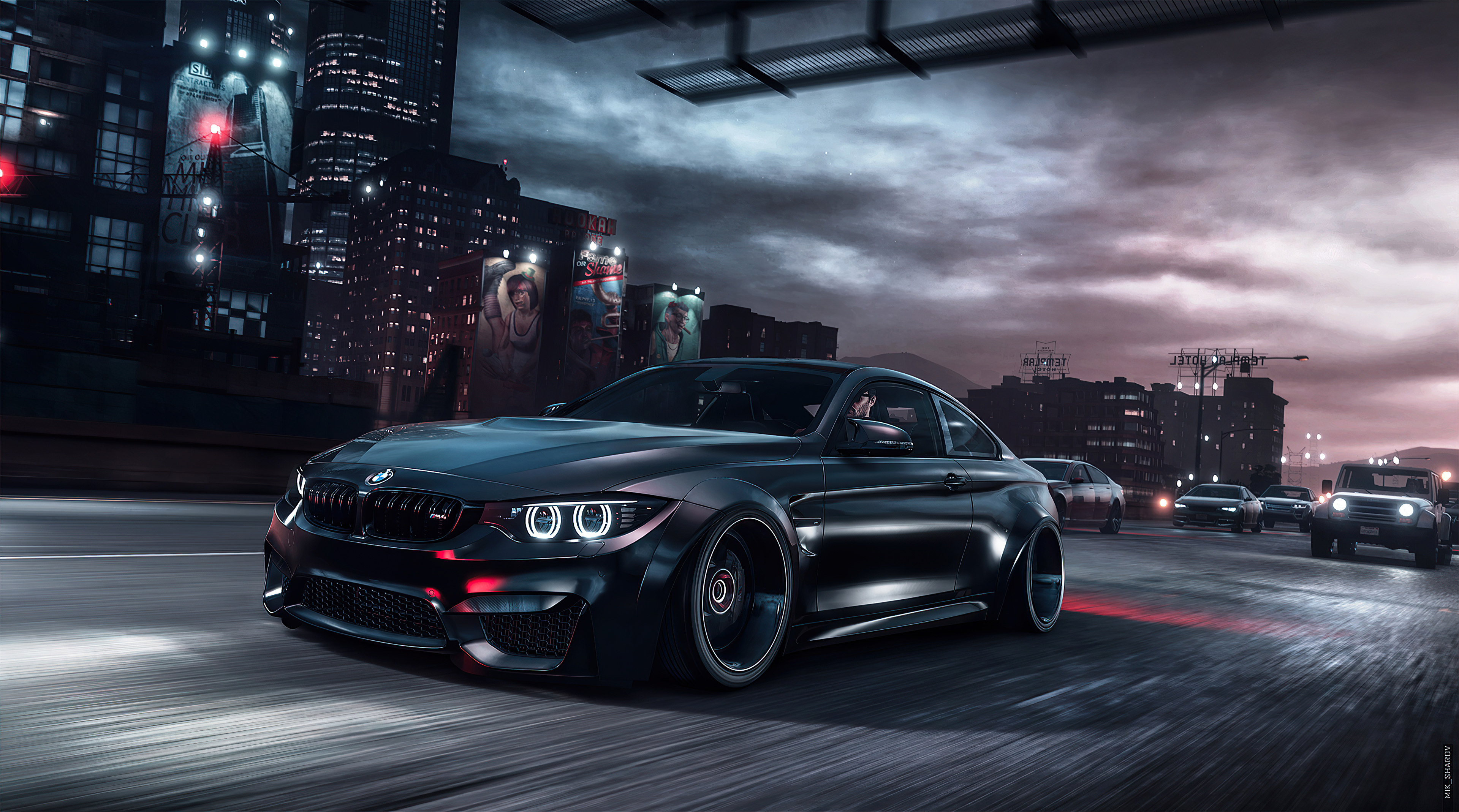A sleek, black BMW M4 speeds through a city at night in this dynamic wallpaper
