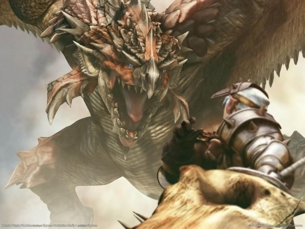 A fierce dragon from the Monster Hunter series confronts a brave hunter, showcasing the game's intense combat